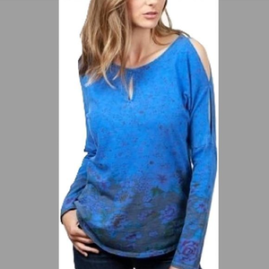 Lucky Brand Small S Blue Floral Keyhole Cold Shoulder Cotton Slub Knit Shirt Top
